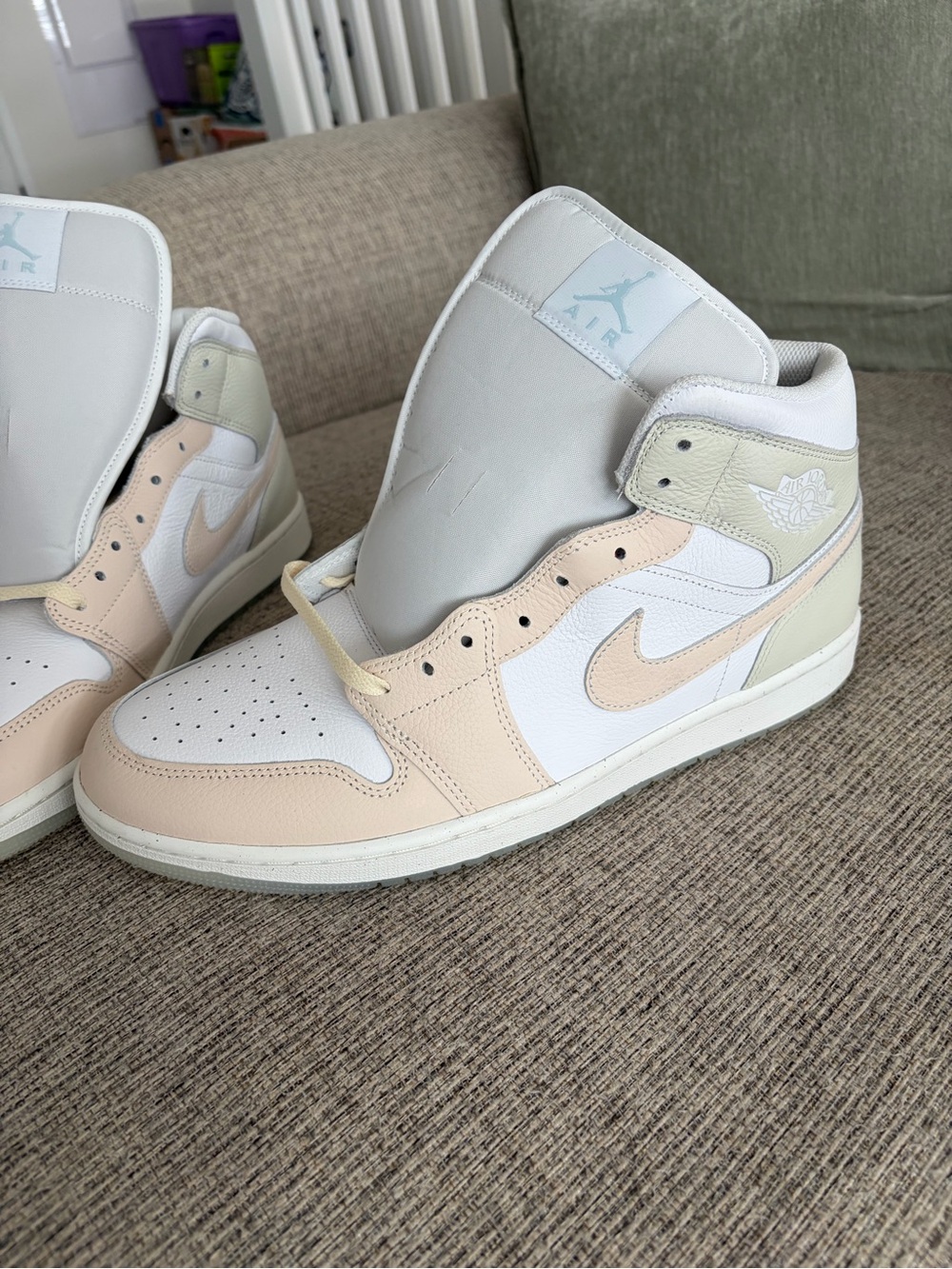 Men’s Jordan Mid Sneakers in White, cream, and green